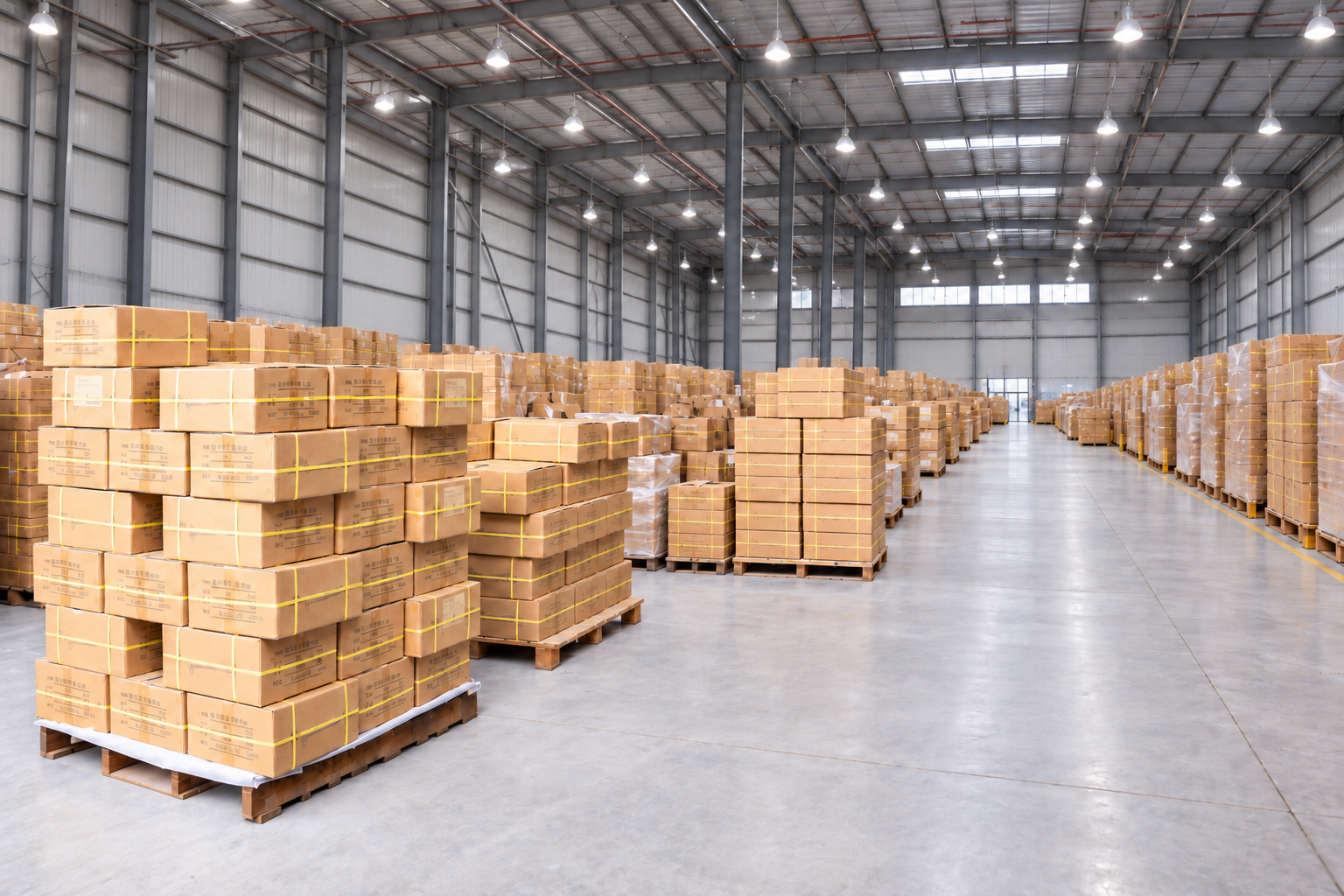 Packed display products arranged in a warehouse